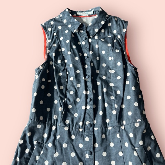 Woman’s Boden Blue Polka Dot Print Tank Top Collar Button Front Dress Size 12 - Picture 3 of 15